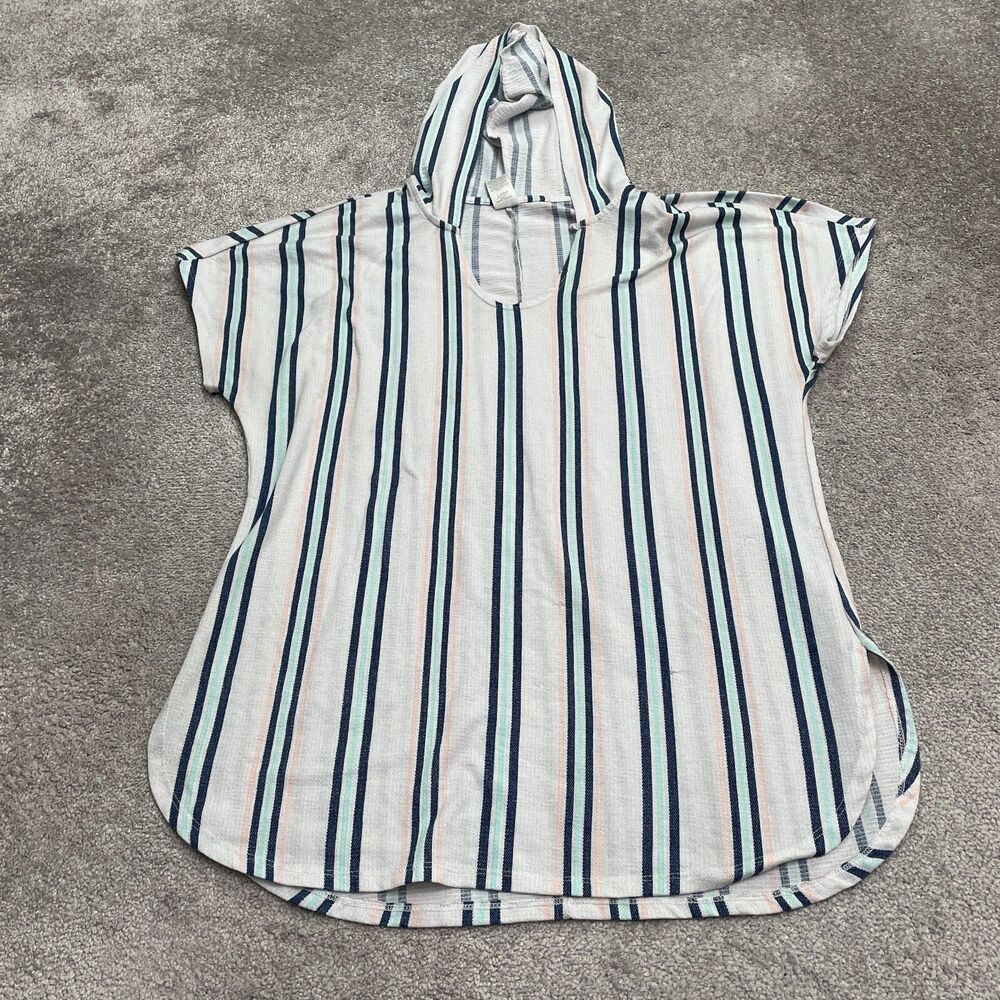 Time And Tru Hoodie Beach Cover Up Womens Large White Blue Striped Short Sleeve